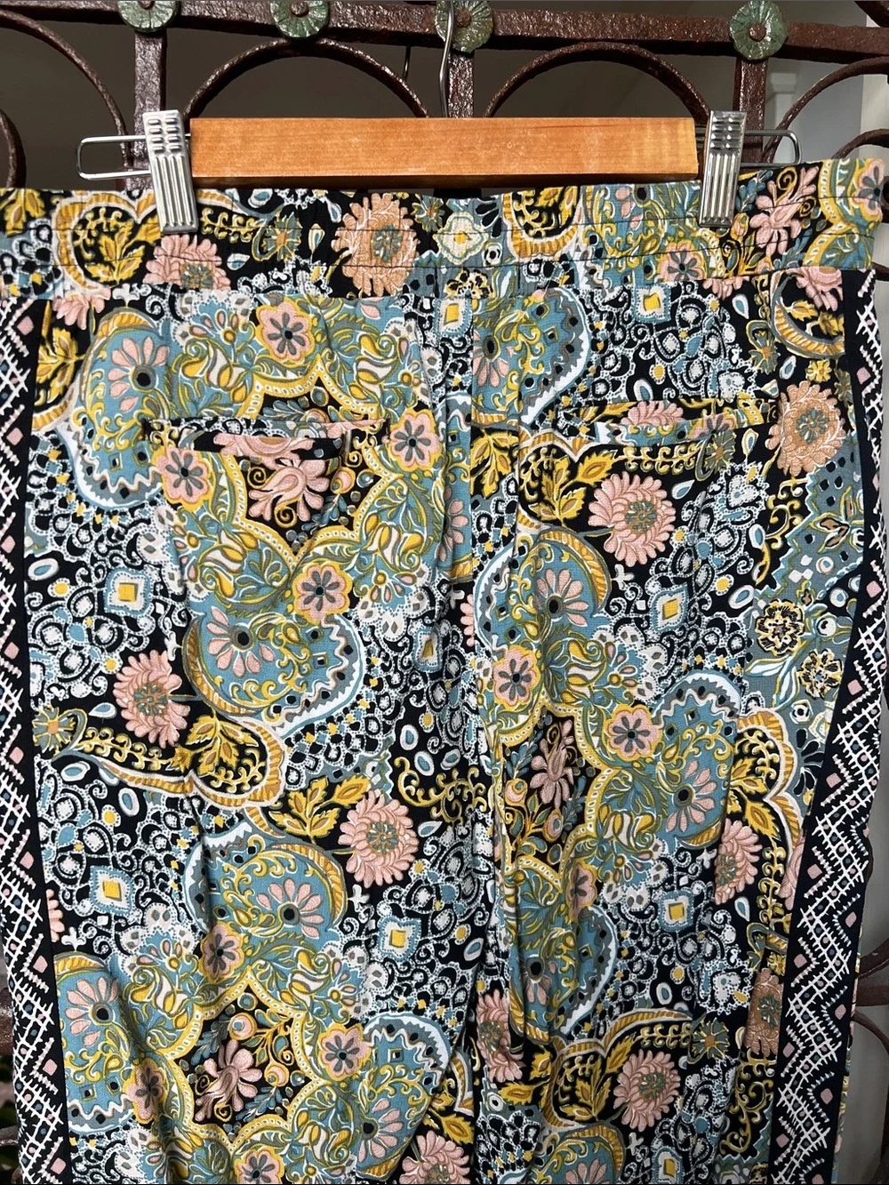 LOFT Black Floral Paisley Wide-Leg Trousers with Pink & Yellow Accents